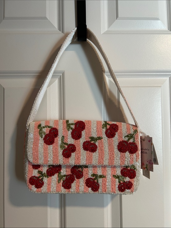 Handbags - NWT Hand Crafted in India Beaded Striped Cherry Pattern Shoulder Bag